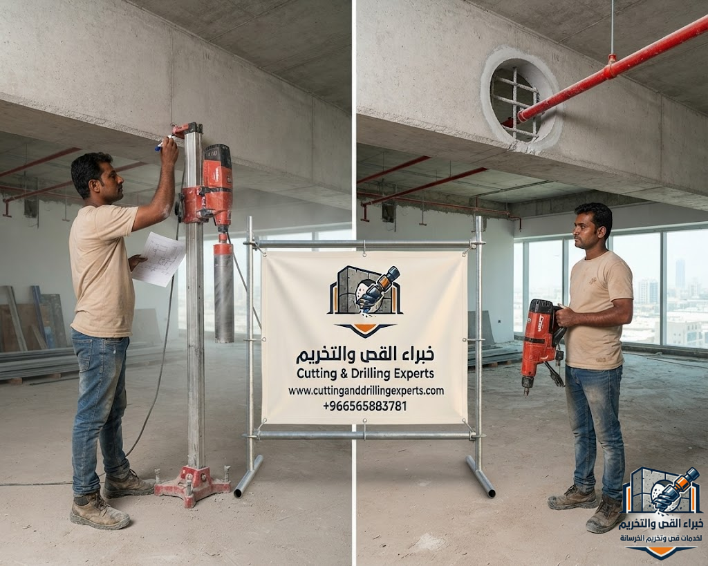 تنفيذ فتح كور مواسير الإطفاء والرش الآلي في الخرسانة المسلحة بجدة بدون تكسير وبأحدث أجهزة الكور الماسي